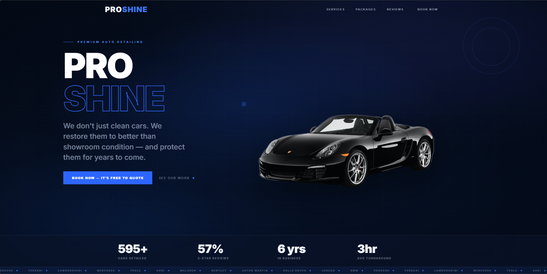 Pro Shine premium auto detailing website hero section